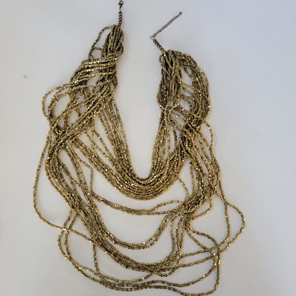 Retro Vintage 40 Inch Multi Strand Gold Bead Necklace Layered Metallic Statement - Picture 1 of 10